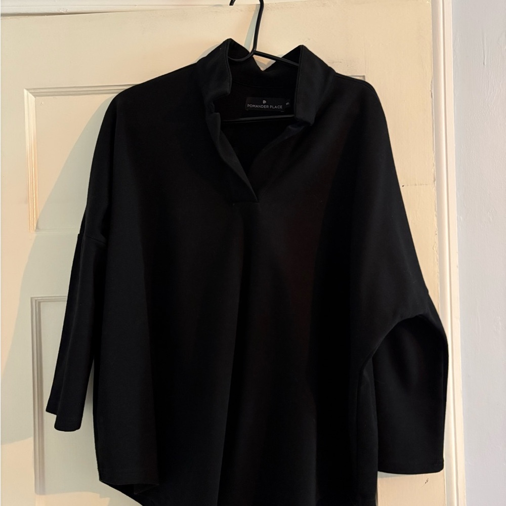 Pomander Place Black Oversized Boxy Blouse with Mandarin Collar